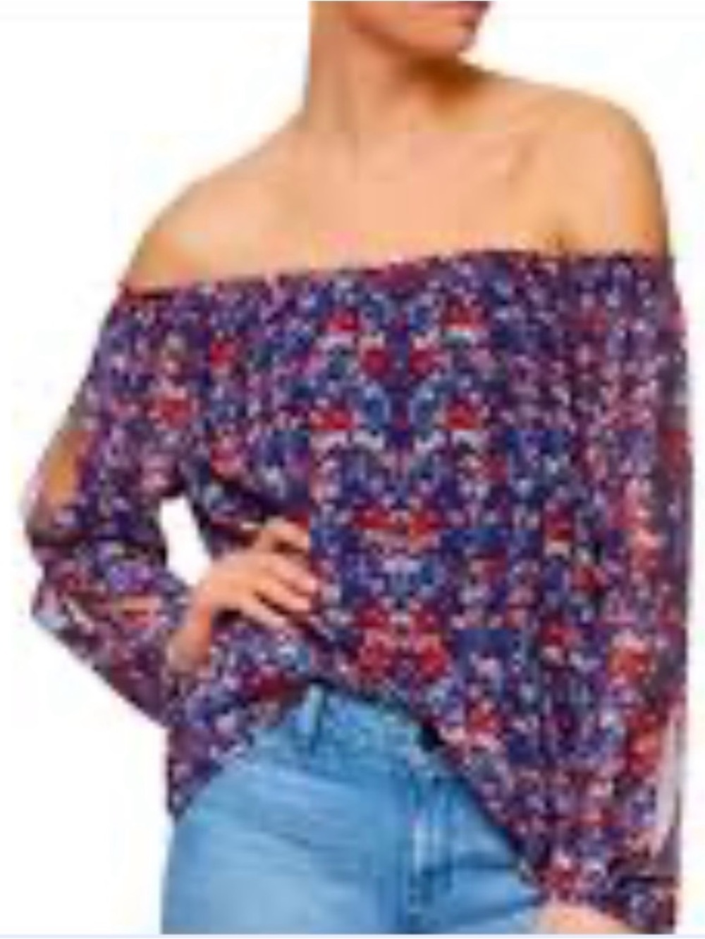 Sanctuary Off-Shoulder Abstract Floral Blouse - Navy & Red - Vented Sleeves -XL!